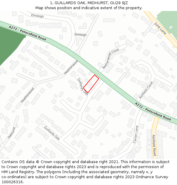 1, GUILLARDS OAK, MIDHURST, GU29 9JZ: Location map and indicative extent of plot