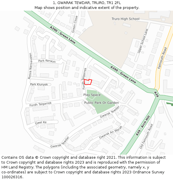 1, GWARAK TEWDAR, TRURO, TR1 2FL: Location map and indicative extent of plot