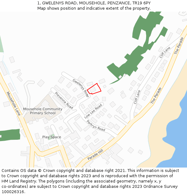 1, GWELENYS ROAD, MOUSEHOLE, PENZANCE, TR19 6PY: Location map and indicative extent of plot