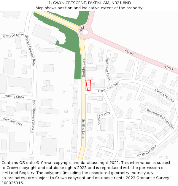 1, GWYN CRESCENT, FAKENHAM, NR21 8NB: Location map and indicative extent of plot