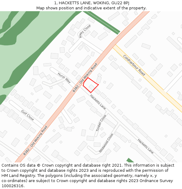 1, HACKETTS LANE, WOKING, GU22 8PJ: Location map and indicative extent of plot