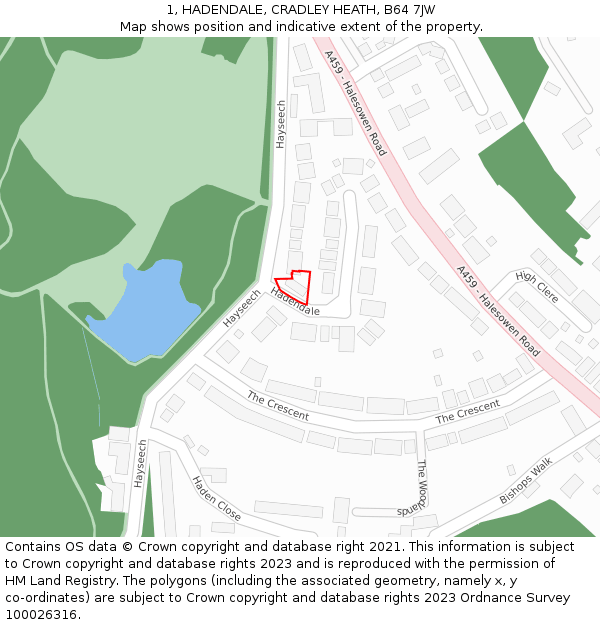 1, HADENDALE, CRADLEY HEATH, B64 7JW: Location map and indicative extent of plot