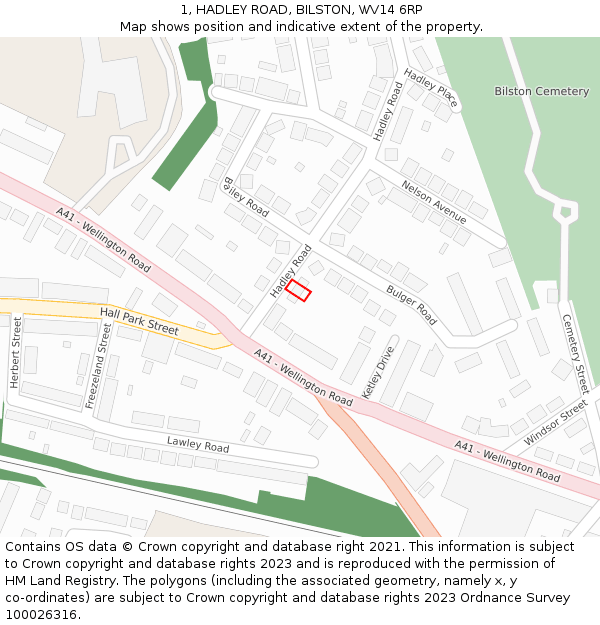 1, HADLEY ROAD, BILSTON, WV14 6RP: Location map and indicative extent of plot