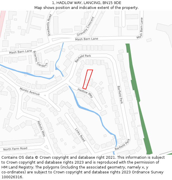 1, HADLOW WAY, LANCING, BN15 9DE: Location map and indicative extent of plot