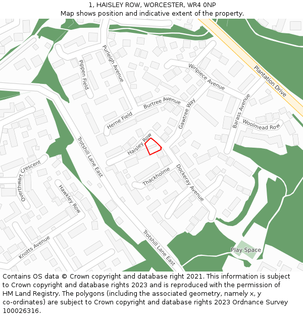1, HAISLEY ROW, WORCESTER, WR4 0NP: Location map and indicative extent of plot