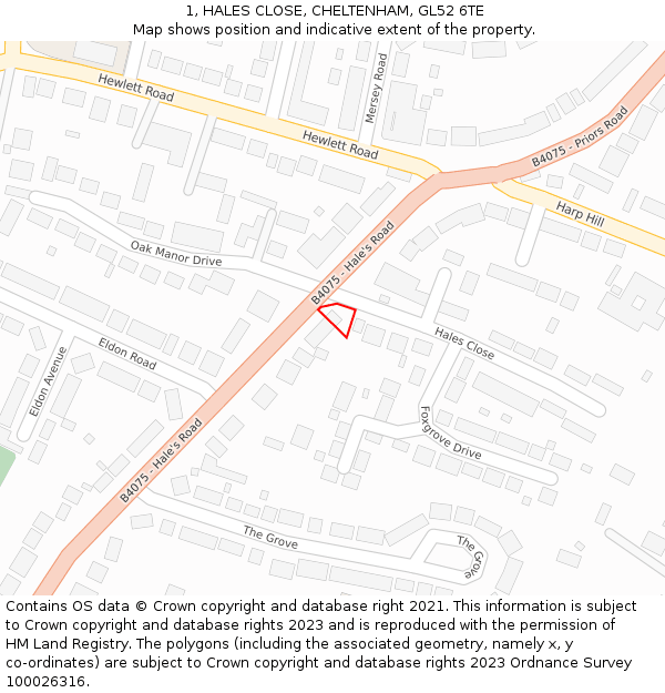 1, HALES CLOSE, CHELTENHAM, GL52 6TE: Location map and indicative extent of plot