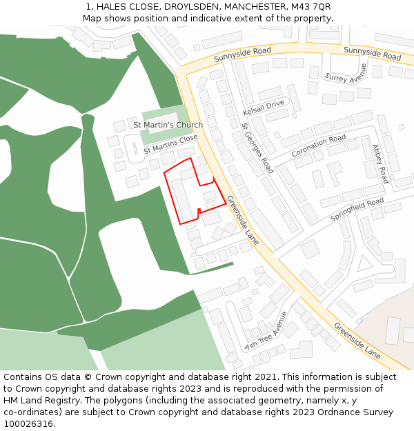 1, HALES CLOSE, DROYLSDEN, MANCHESTER, M43 7QR: Location map and indicative extent of plot