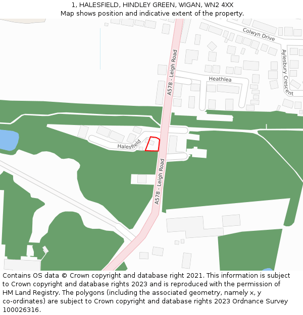 1, HALESFIELD, HINDLEY GREEN, WIGAN, WN2 4XX: Location map and indicative extent of plot