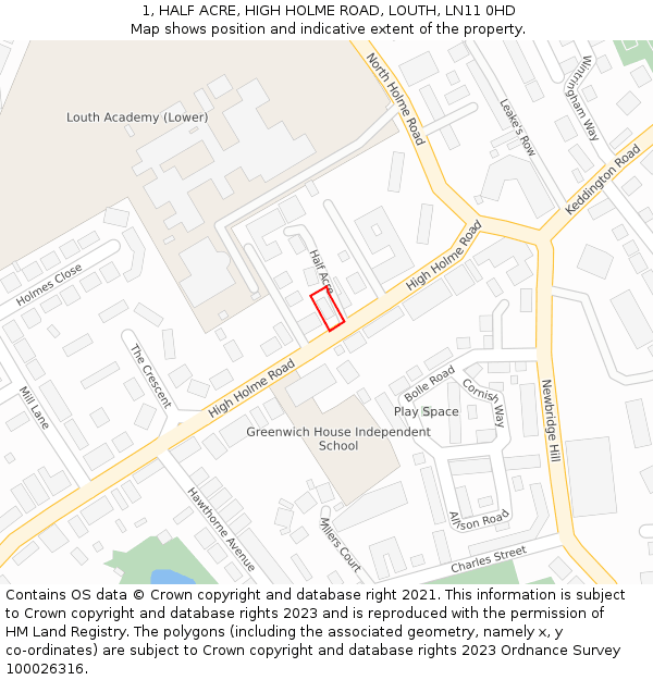 1, HALF ACRE, HIGH HOLME ROAD, LOUTH, LN11 0HD: Location map and indicative extent of plot