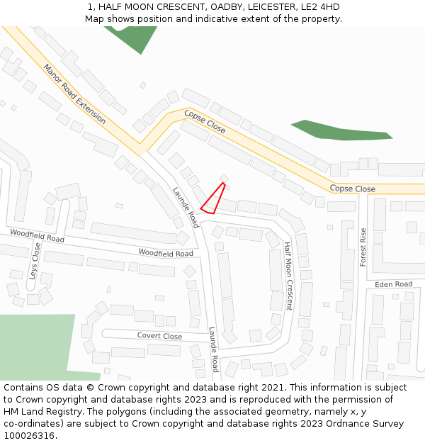 1, HALF MOON CRESCENT, OADBY, LEICESTER, LE2 4HD: Location map and indicative extent of plot