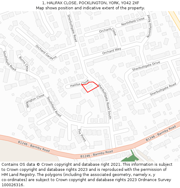 1, HALIFAX CLOSE, POCKLINGTON, YORK, YO42 2XF: Location map and indicative extent of plot