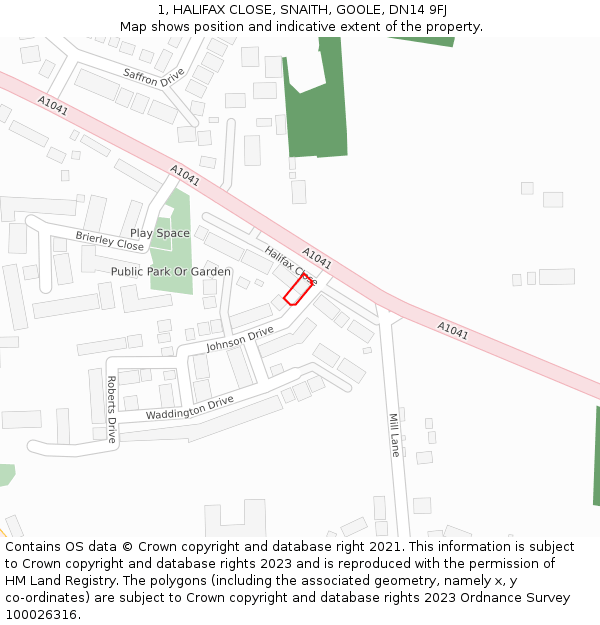 1, HALIFAX CLOSE, SNAITH, GOOLE, DN14 9FJ: Location map and indicative extent of plot