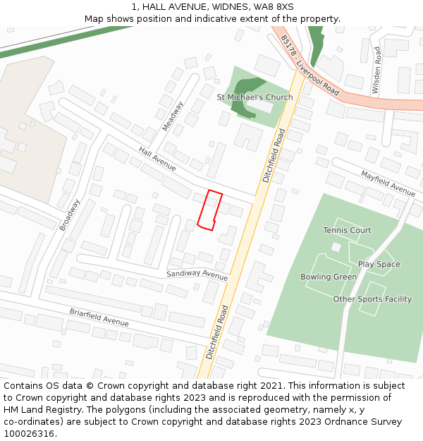 1, HALL AVENUE, WIDNES, WA8 8XS: Location map and indicative extent of plot