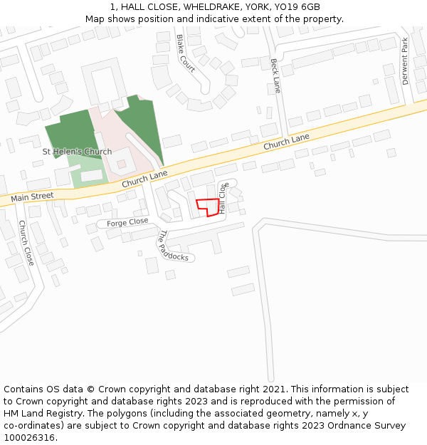 1, HALL CLOSE, WHELDRAKE, YORK, YO19 6GB: Location map and indicative extent of plot