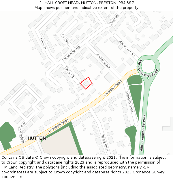 1, HALL CROFT HEAD, HUTTON, PRESTON, PR4 5SZ: Location map and indicative extent of plot
