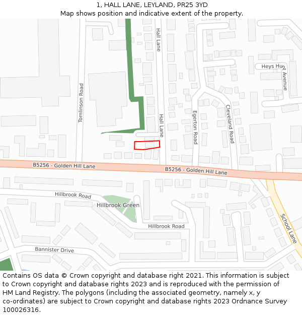 1, HALL LANE, LEYLAND, PR25 3YD: Location map and indicative extent of plot