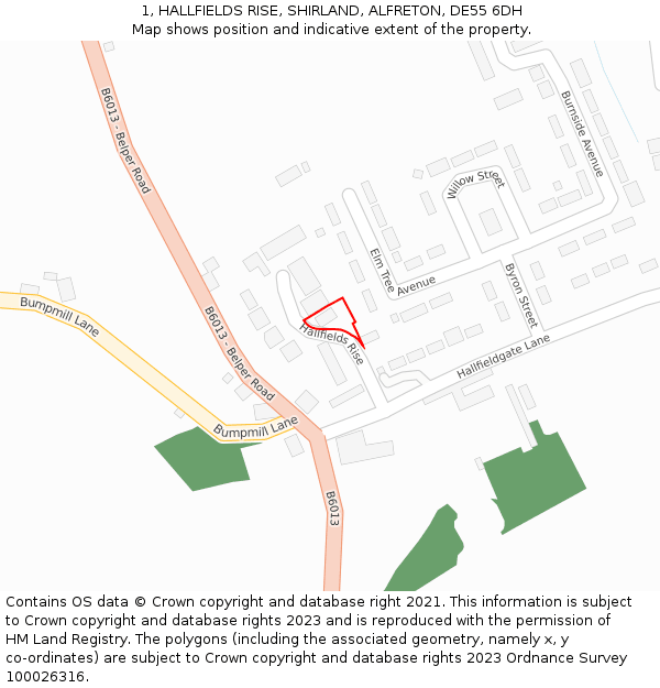 1, HALLFIELDS RISE, SHIRLAND, ALFRETON, DE55 6DH: Location map and indicative extent of plot