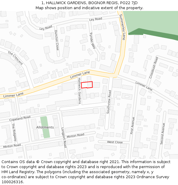 1, HALLIWICK GARDENS, BOGNOR REGIS, PO22 7JD: Location map and indicative extent of plot