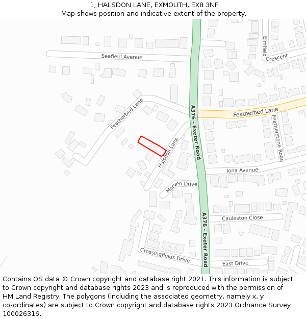 1, HALSDON LANE, EXMOUTH, EX8 3NF: Location map and indicative extent of plot