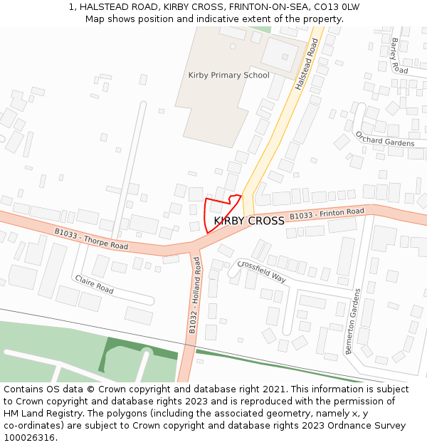 1, HALSTEAD ROAD, KIRBY CROSS, FRINTON-ON-SEA, CO13 0LW: Location map and indicative extent of plot