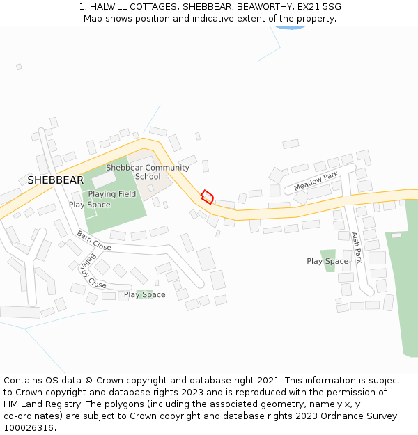 1, HALWILL COTTAGES, SHEBBEAR, BEAWORTHY, EX21 5SG: Location map and indicative extent of plot