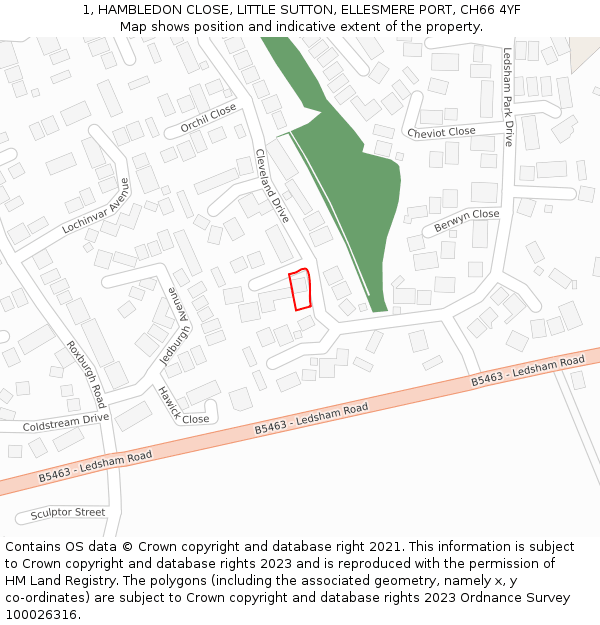 1, HAMBLEDON CLOSE, LITTLE SUTTON, ELLESMERE PORT, CH66 4YF: Location map and indicative extent of plot