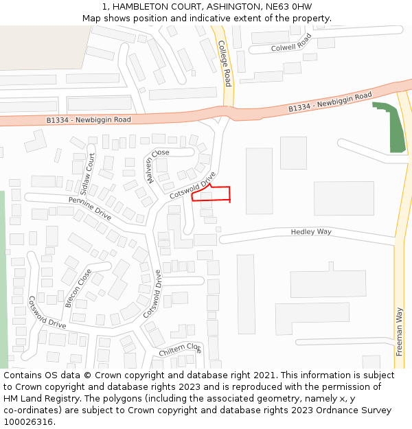 1, HAMBLETON COURT, ASHINGTON, NE63 0HW: Location map and indicative extent of plot