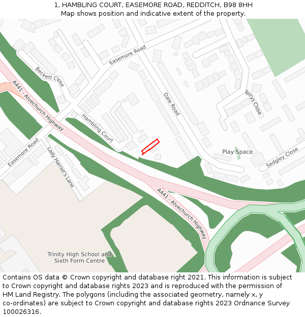 1, HAMBLING COURT, EASEMORE ROAD, REDDITCH, B98 8HH: Location map and indicative extent of plot