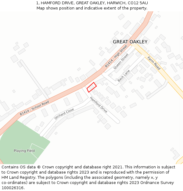 1, HAMFORD DRIVE, GREAT OAKLEY, HARWICH, CO12 5AU: Location map and indicative extent of plot