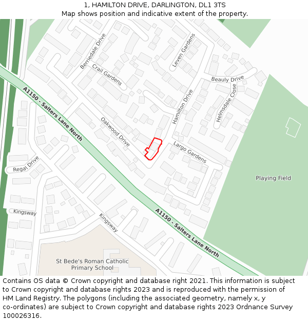 1, HAMILTON DRIVE, DARLINGTON, DL1 3TS: Location map and indicative extent of plot