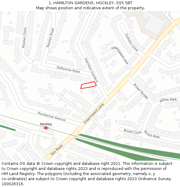 1, HAMILTON GARDENS, HOCKLEY, SS5 5BT: Location map and indicative extent of plot