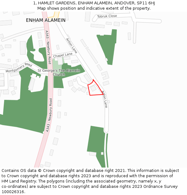 1, HAMLET GARDENS, ENHAM ALAMEIN, ANDOVER, SP11 6HJ: Location map and indicative extent of plot