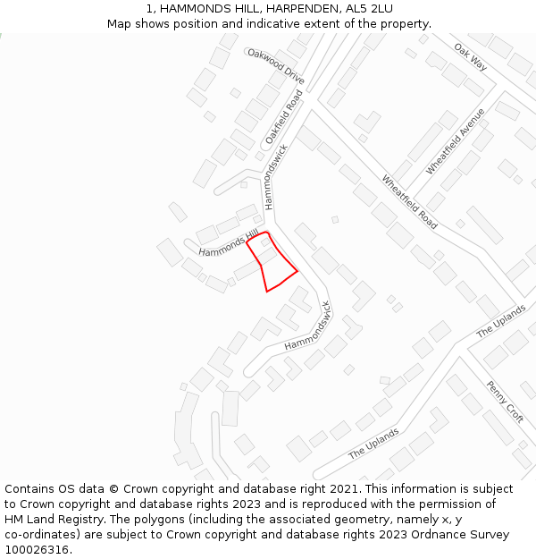 1, HAMMONDS HILL, HARPENDEN, AL5 2LU: Location map and indicative extent of plot