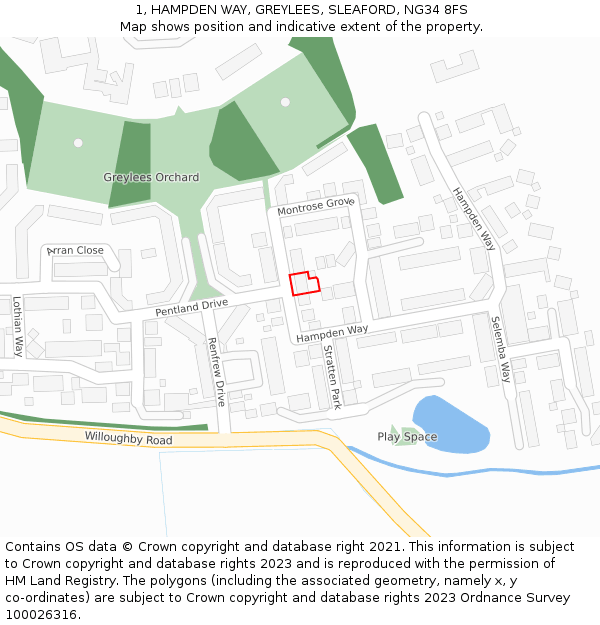 1, HAMPDEN WAY, GREYLEES, SLEAFORD, NG34 8FS: Location map and indicative extent of plot