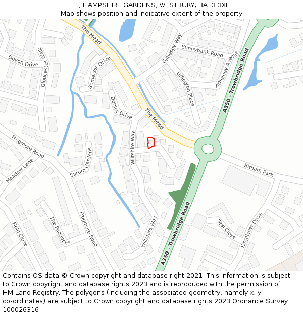 1, HAMPSHIRE GARDENS, WESTBURY, BA13 3XE: Location map and indicative extent of plot