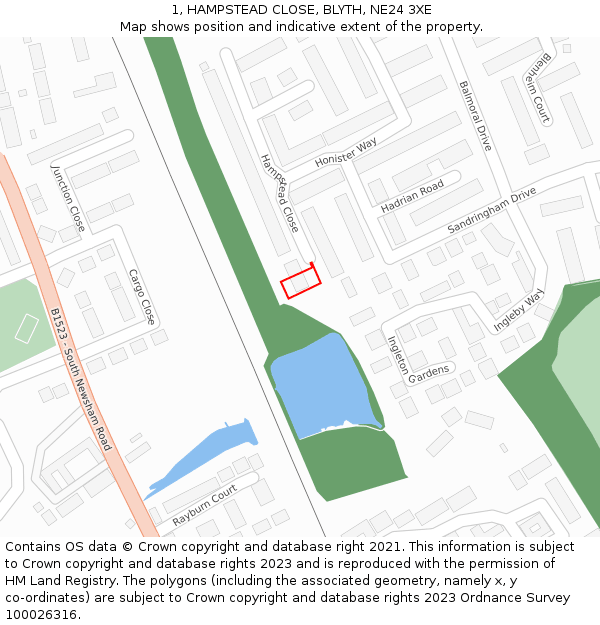 1, HAMPSTEAD CLOSE, BLYTH, NE24 3XE: Location map and indicative extent of plot
