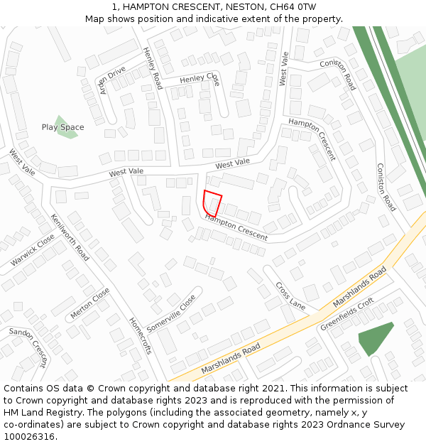 1, HAMPTON CRESCENT, NESTON, CH64 0TW: Location map and indicative extent of plot