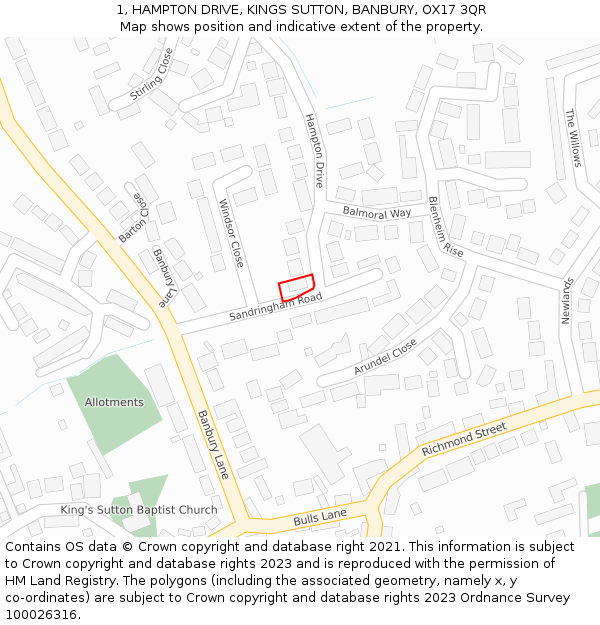 1, HAMPTON DRIVE, KINGS SUTTON, BANBURY, OX17 3QR: Location map and indicative extent of plot