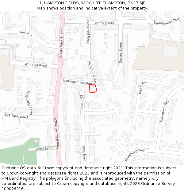 1, HAMPTON FIELDS, WICK, LITTLEHAMPTON, BN17 6JB: Location map and indicative extent of plot