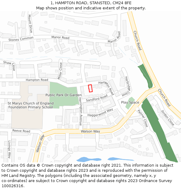 1, HAMPTON ROAD, STANSTED, CM24 8FE: Location map and indicative extent of plot