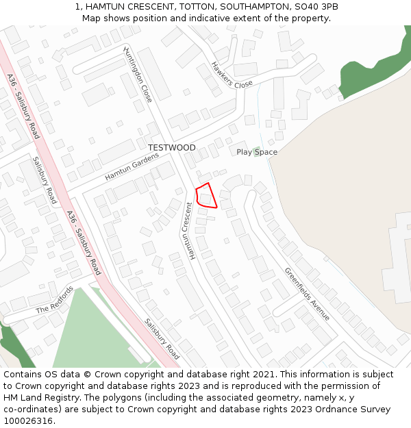 1, HAMTUN CRESCENT, TOTTON, SOUTHAMPTON, SO40 3PB: Location map and indicative extent of plot