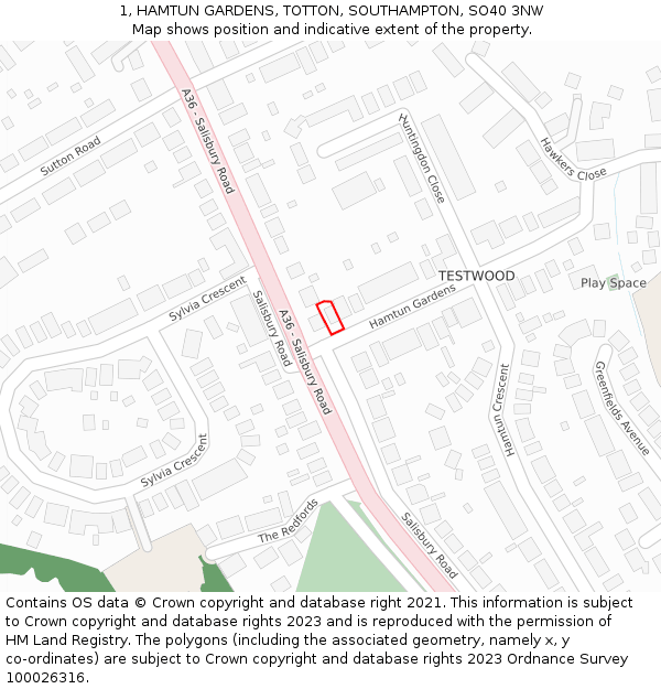 1, HAMTUN GARDENS, TOTTON, SOUTHAMPTON, SO40 3NW: Location map and indicative extent of plot