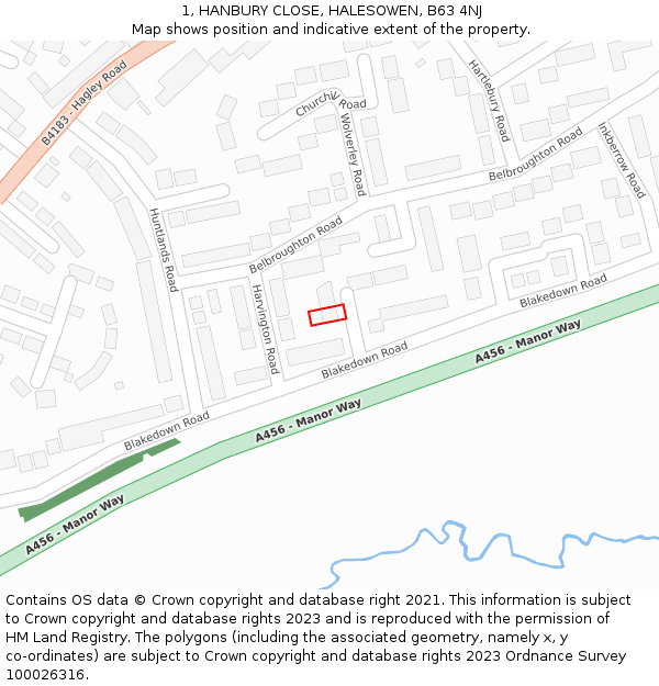 1, HANBURY CLOSE, HALESOWEN, B63 4NJ: Location map and indicative extent of plot
