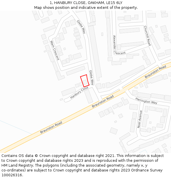 1, HANBURY CLOSE, OAKHAM, LE15 6LY: Location map and indicative extent of plot