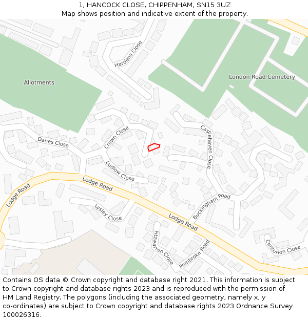 1, HANCOCK CLOSE, CHIPPENHAM, SN15 3UZ: Location map and indicative extent of plot