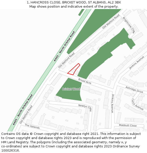 1, HANCROSS CLOSE, BRICKET WOOD, ST ALBANS, AL2 3BX: Location map and indicative extent of plot