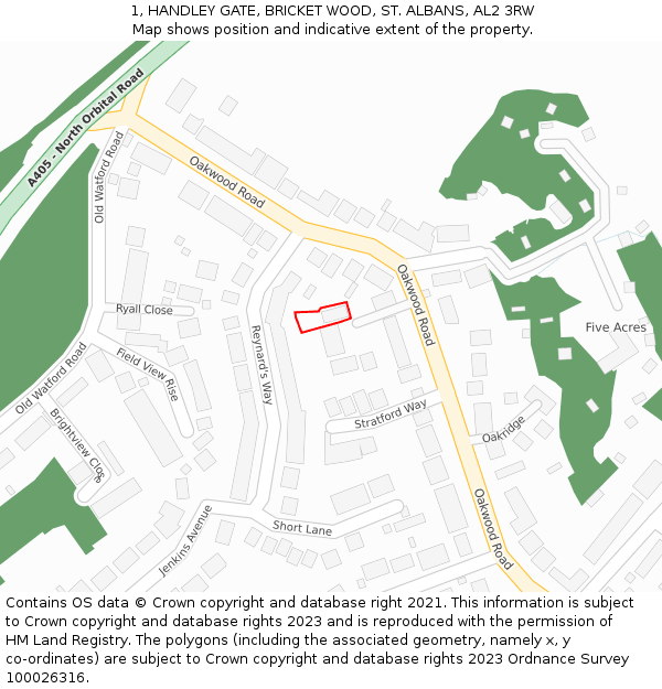 1, HANDLEY GATE, BRICKET WOOD, ST. ALBANS, AL2 3RW: Location map and indicative extent of plot