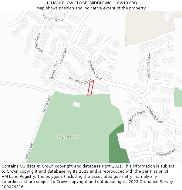 1, HANKELOW CLOSE, MIDDLEWICH, CW10 0RQ: Location map and indicative extent of plot