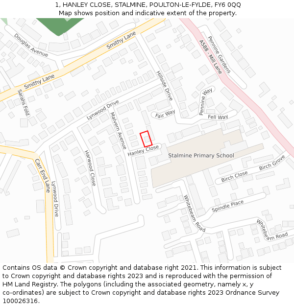 1, HANLEY CLOSE, STALMINE, POULTON-LE-FYLDE, FY6 0QQ: Location map and indicative extent of plot