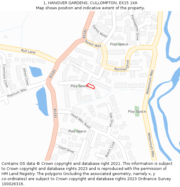 1, HANOVER GARDENS, CULLOMPTON, EX15 1XA: Location map and indicative extent of plot